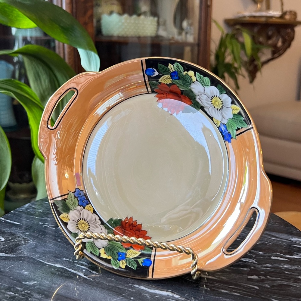 Antique Noritake Morimura Peach Lusterware Floral Handled Dish Japanese 1910’s
